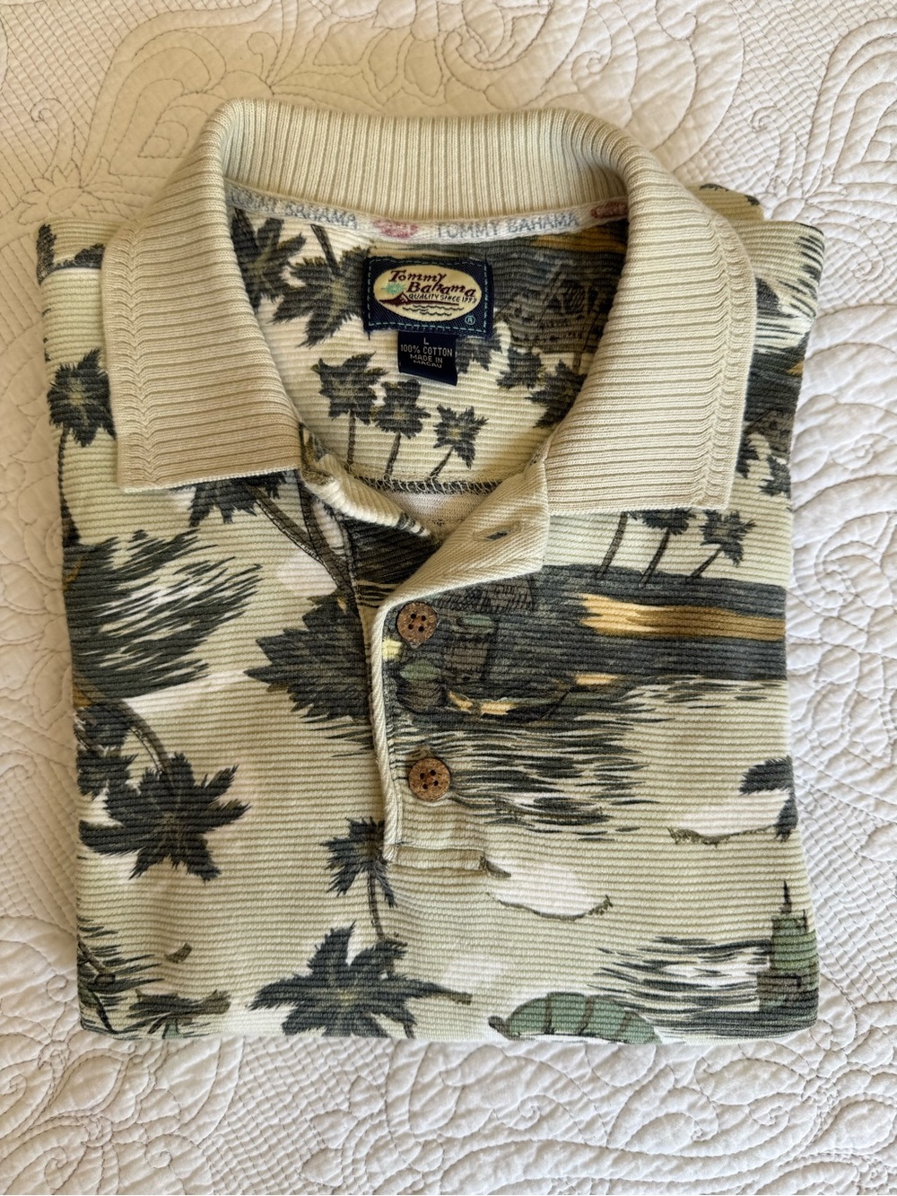 Vintage Tommy Bahama Men's 100% Cotton Island-Print Polo Shirt Sz Lg Knit Collar - Picture 10 of 10